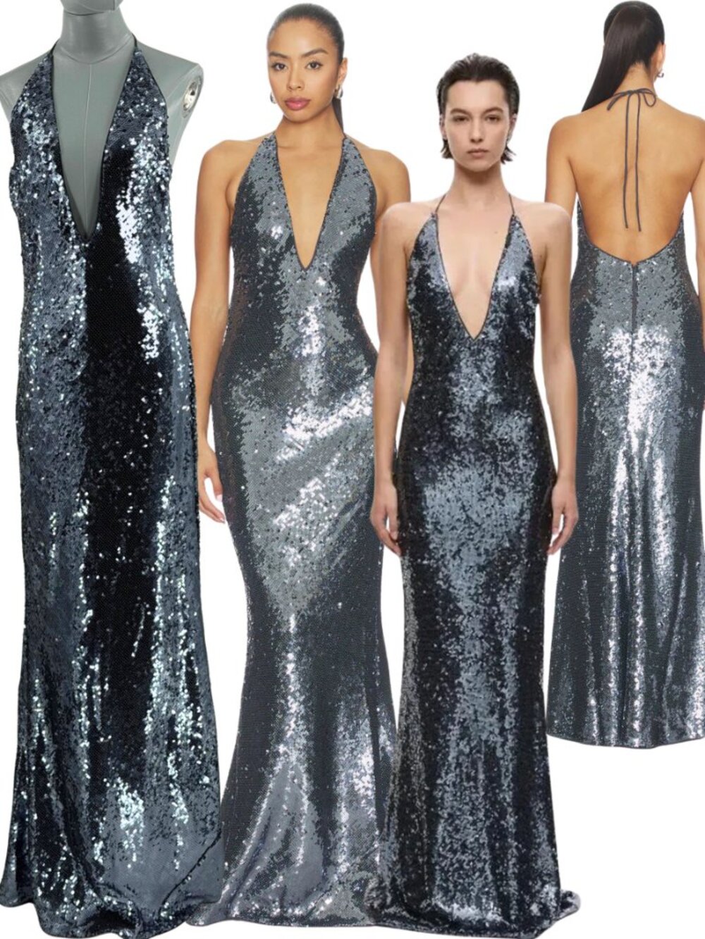 🆕 MISHA COLLECTION 🧿 NWOT The Plunge Sequin Jersey Dress, Gunmetal - Sz M